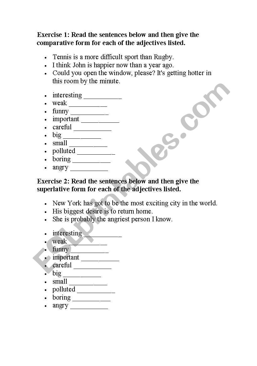 Comparatives and superlatives worksheet