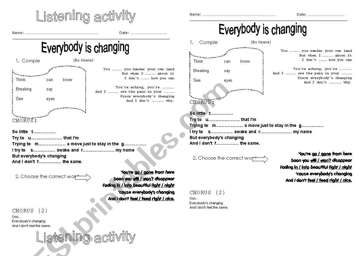 Everybody is changing (song) worksheet