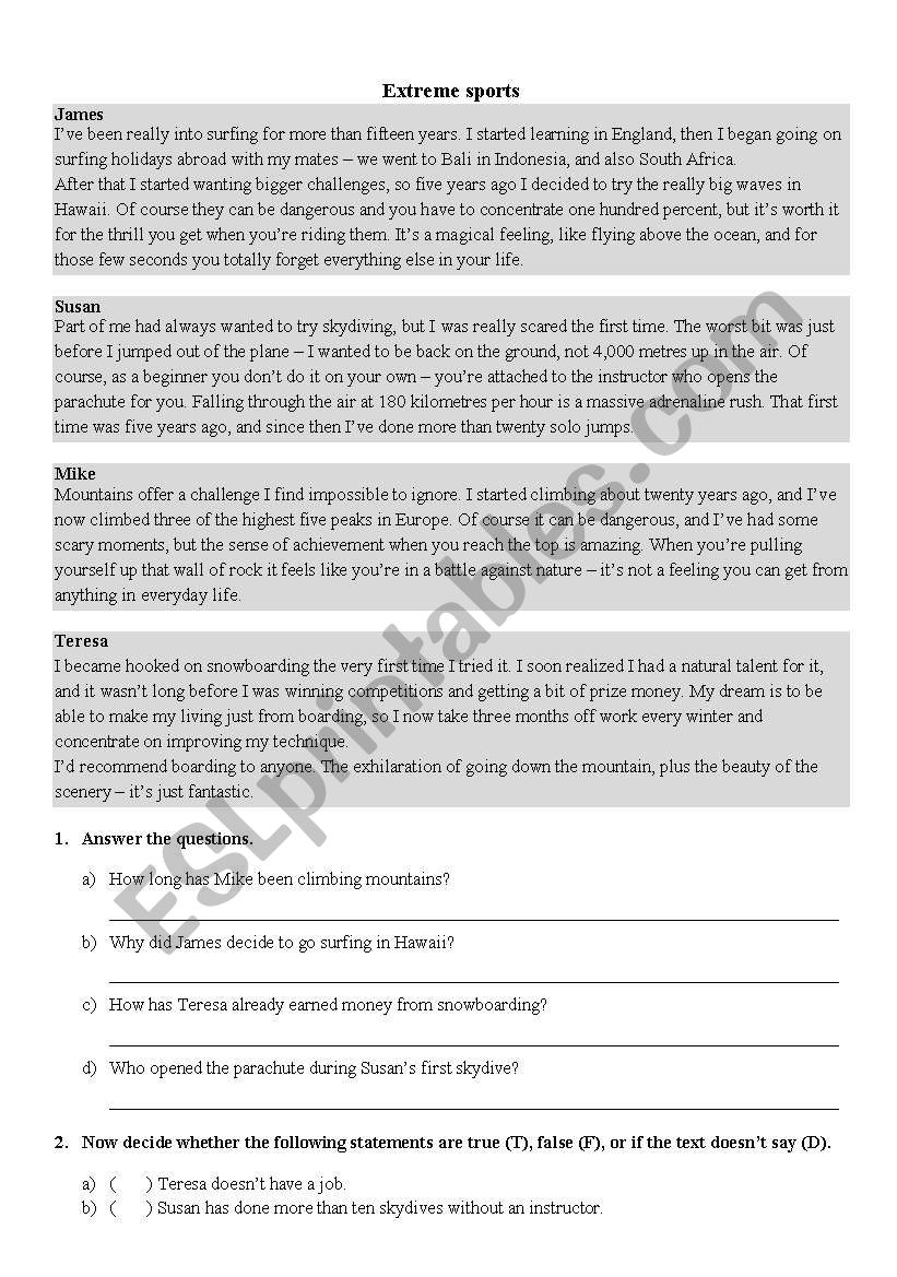 Extreme sports worksheet