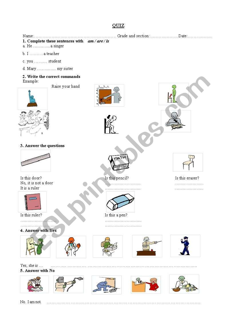 quiz of verb to be worksheet