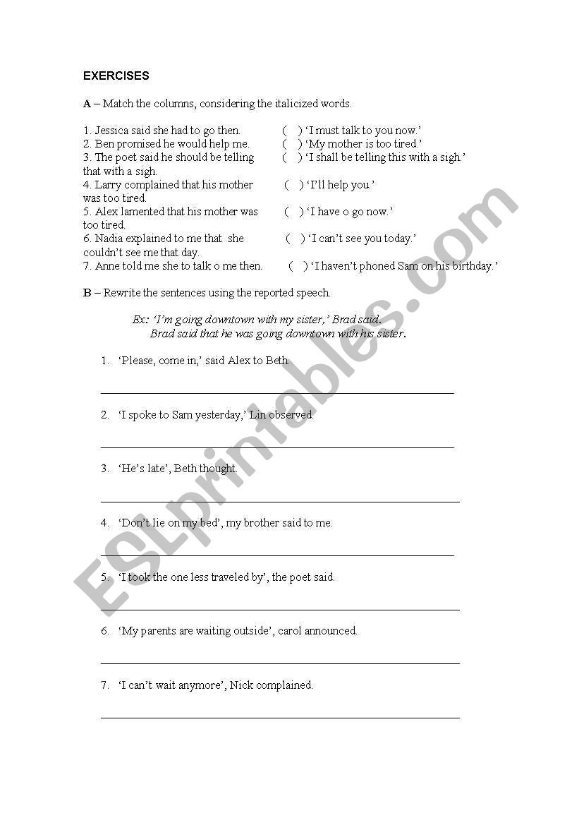 Direct and Indirect speech worksheet