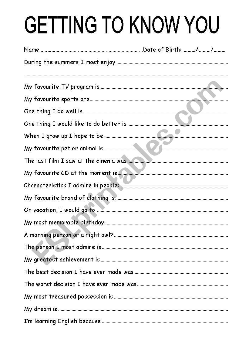 Getting to know students worksheet