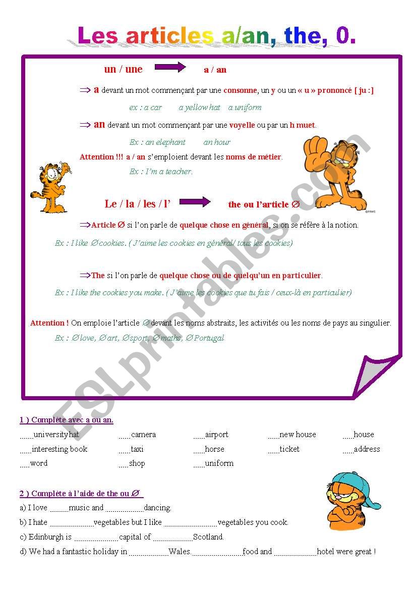 articles worksheet