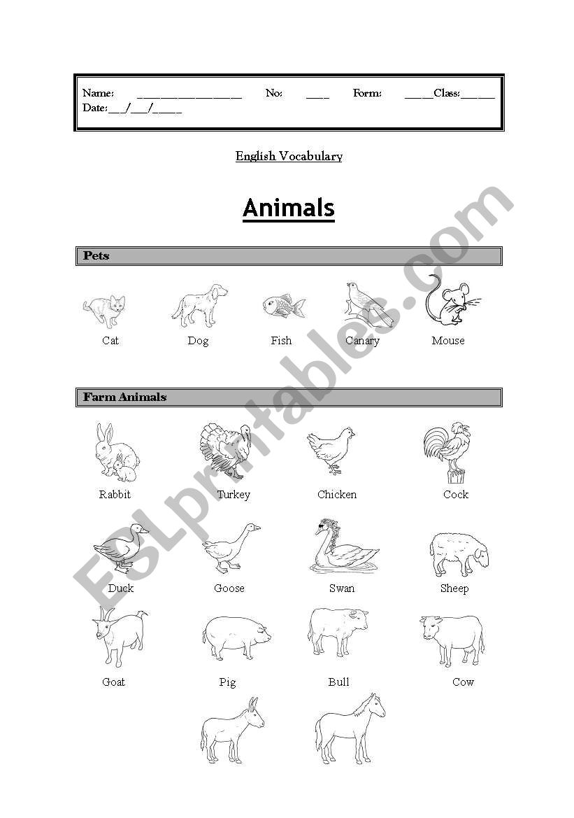 Vocabulary: (Animals Part 1) Pets and Farm Animals