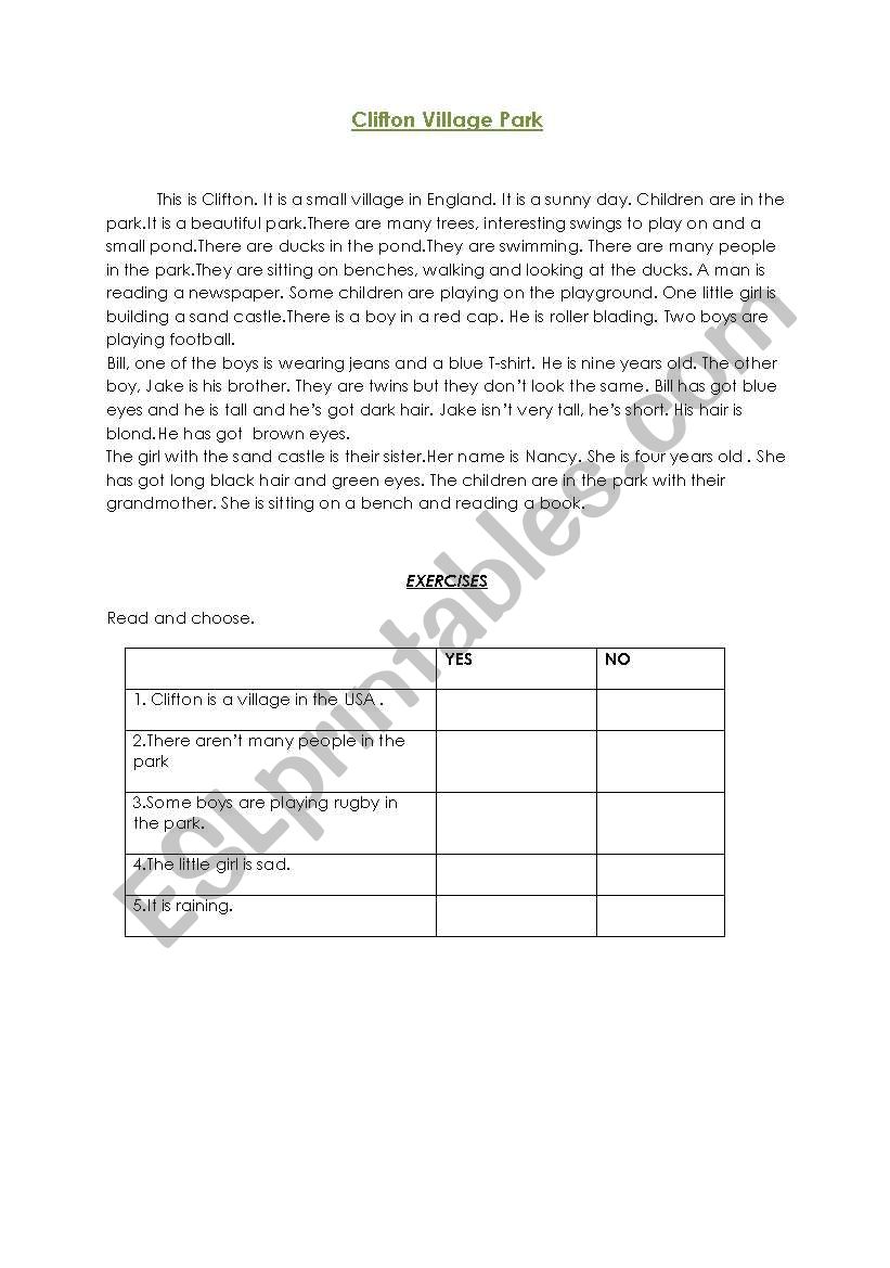 Clifton Village Park worksheet