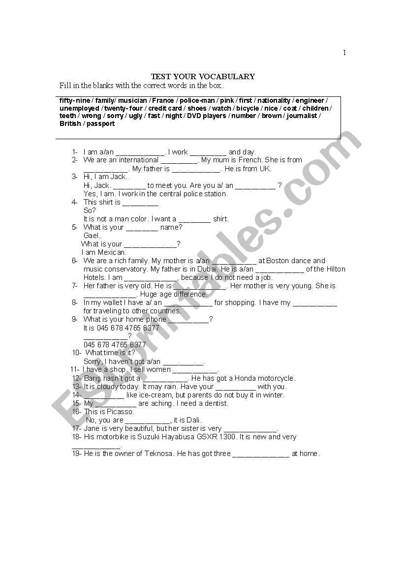 very simple vocabulary worksheet
