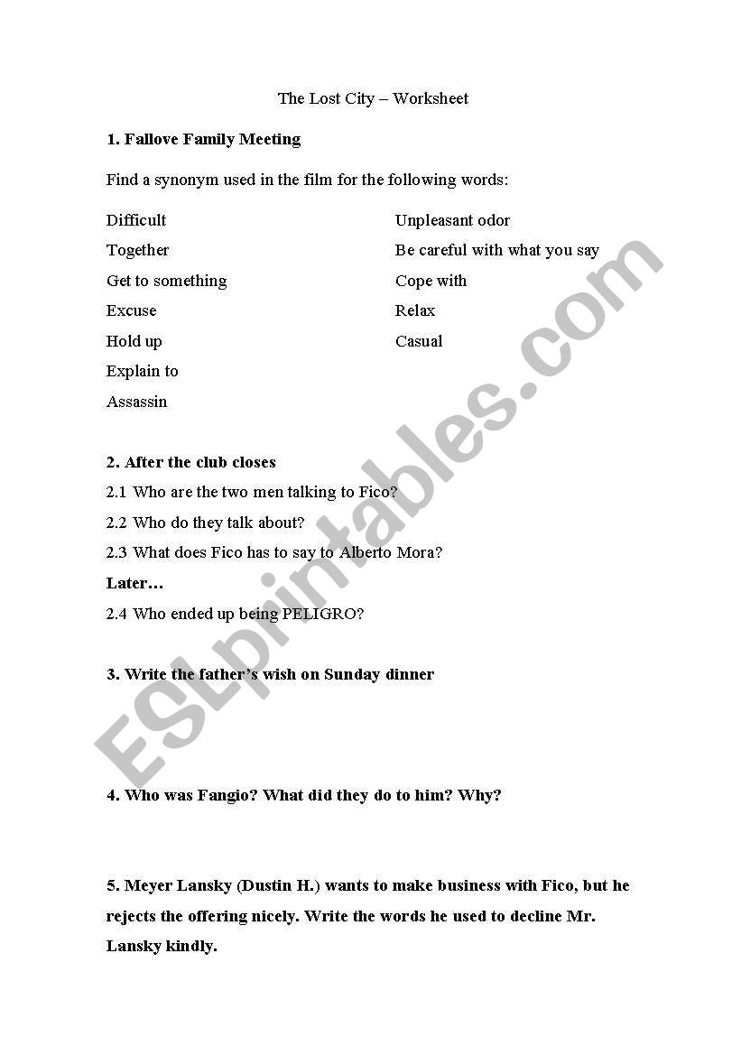 The Lost City: Worksheet for advanced students