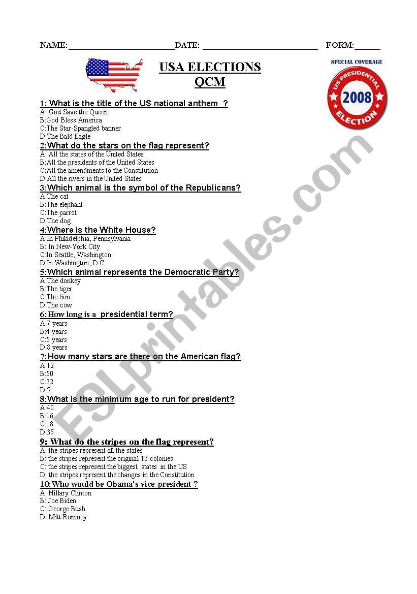 US Elections. Test Paper (QCM)