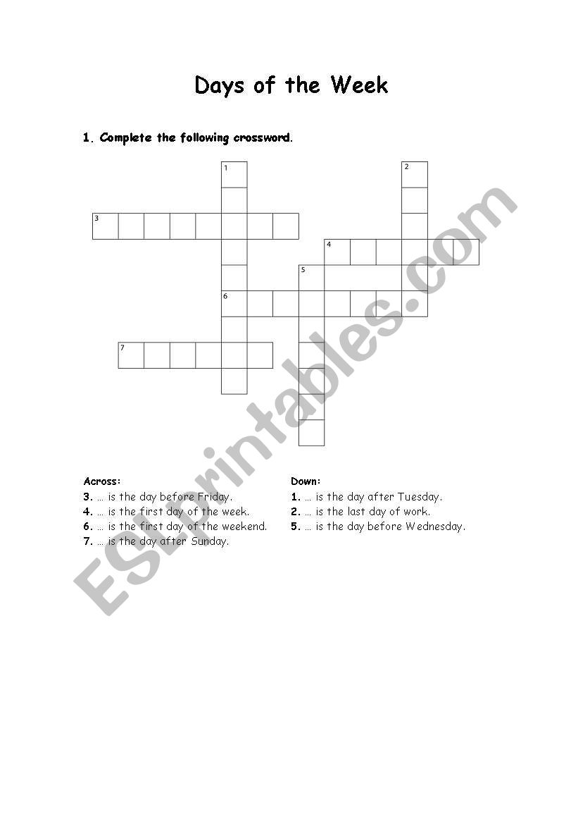 Days of the Week Crossword worksheet