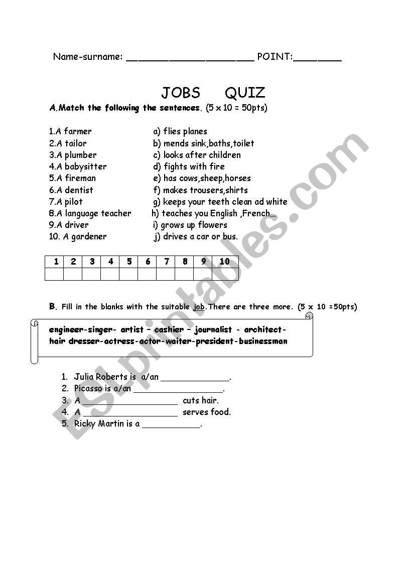 job quiz worksheet