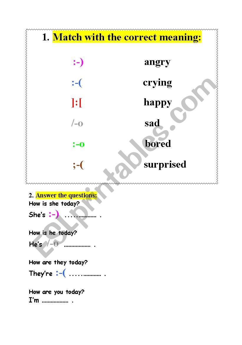 feelings / emotions in the computer way - worksheets / test