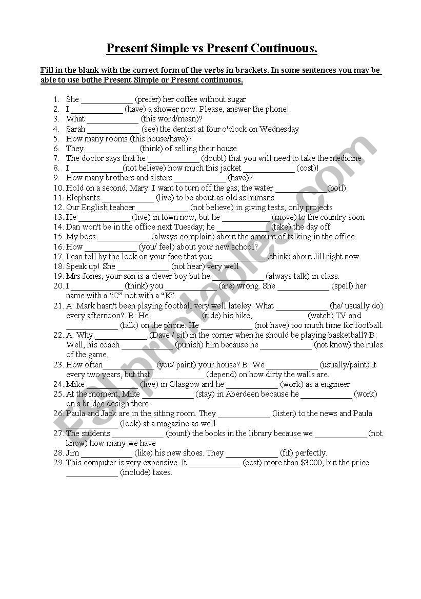 present simple and continuous worksheet