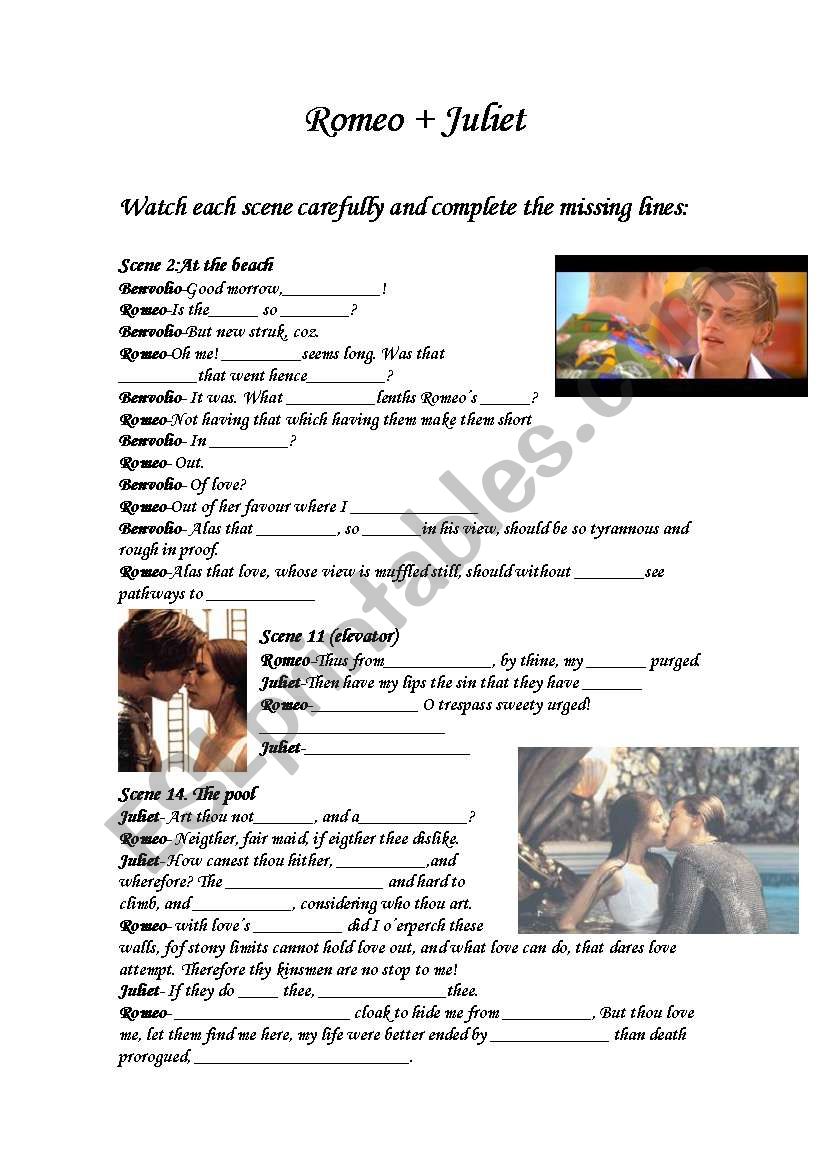 Romeo and Juliet movie scenes worksheet