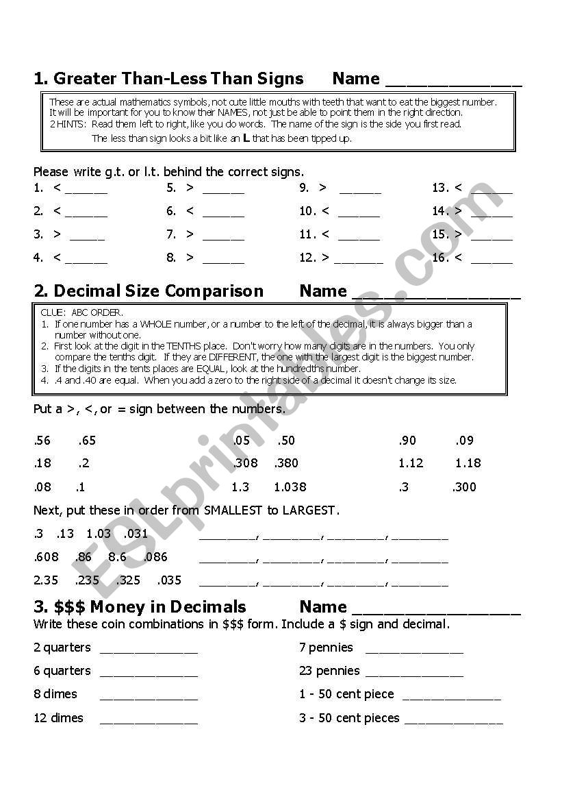 Decimals worksheet