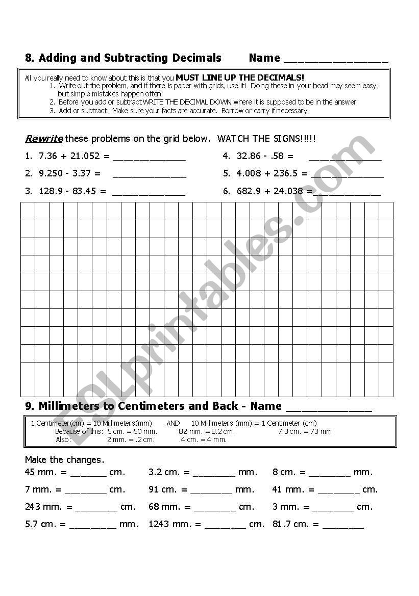 Decimal Review sheet page 4 worksheet