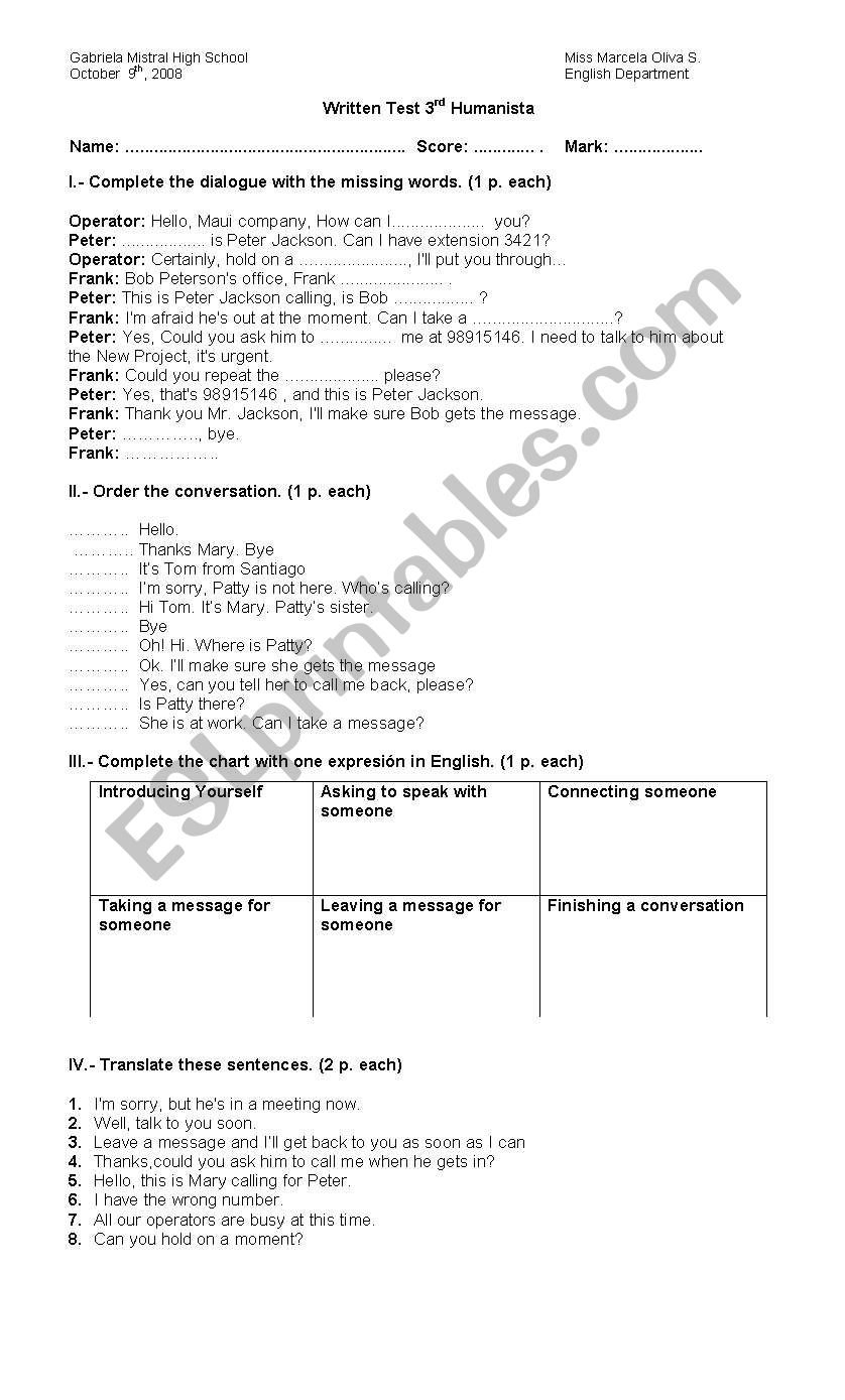phone test worksheet