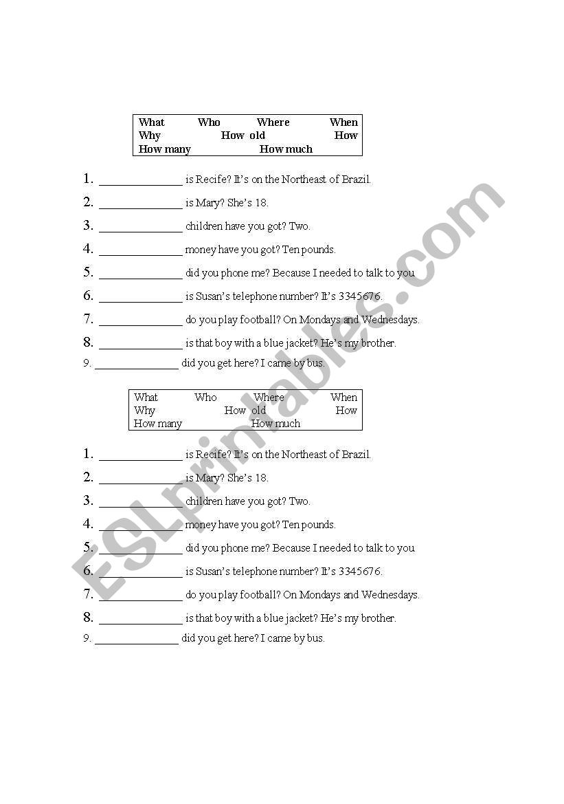 Question Words worksheet