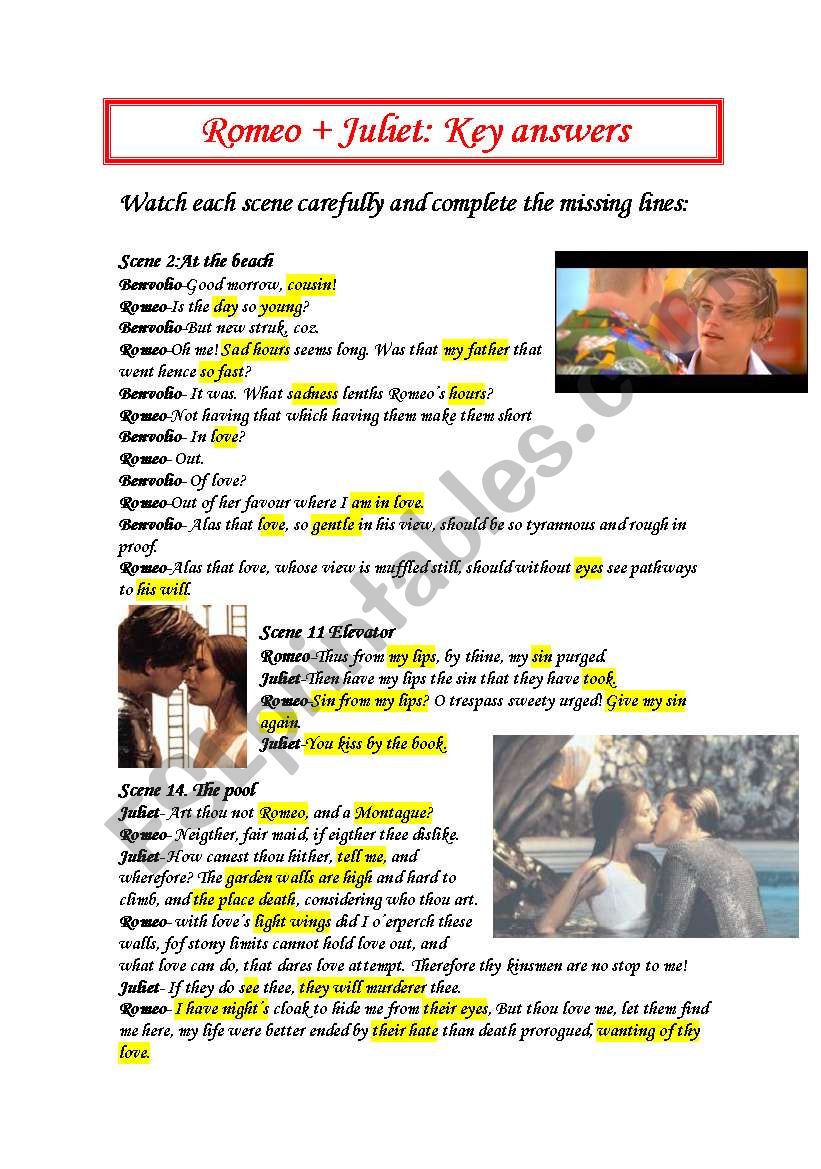 Romeo and Juliet Scenes keys  worksheet