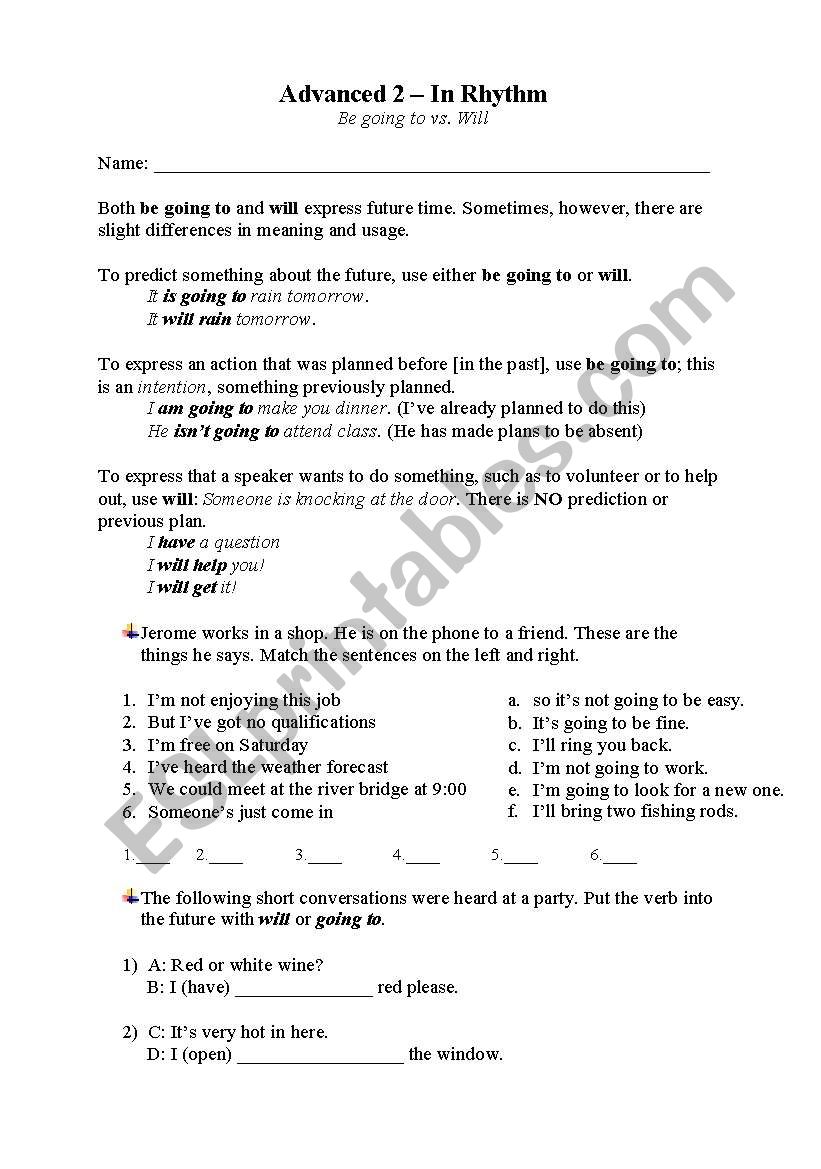 Be Going vs Will worksheet