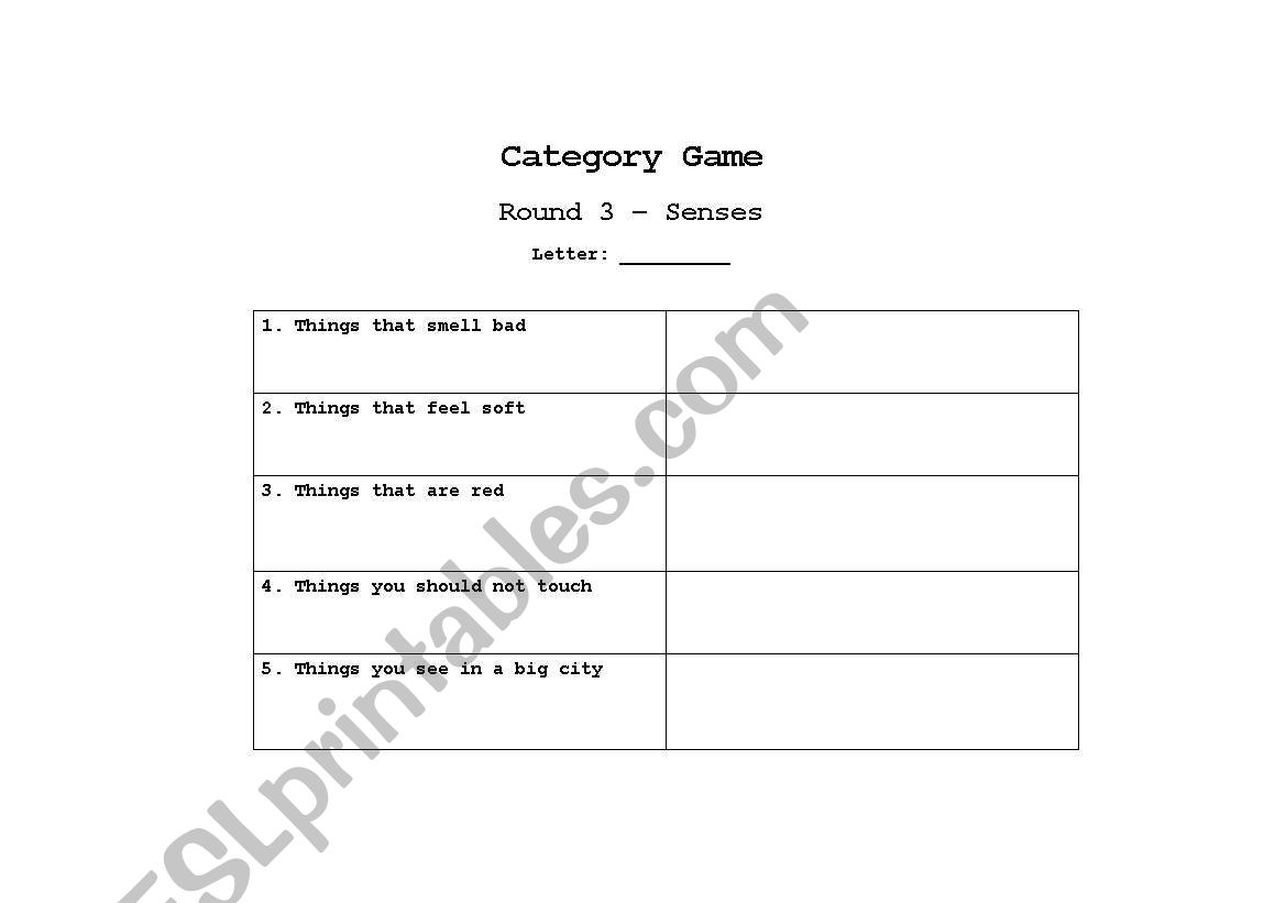 Category game round 3 worksheet