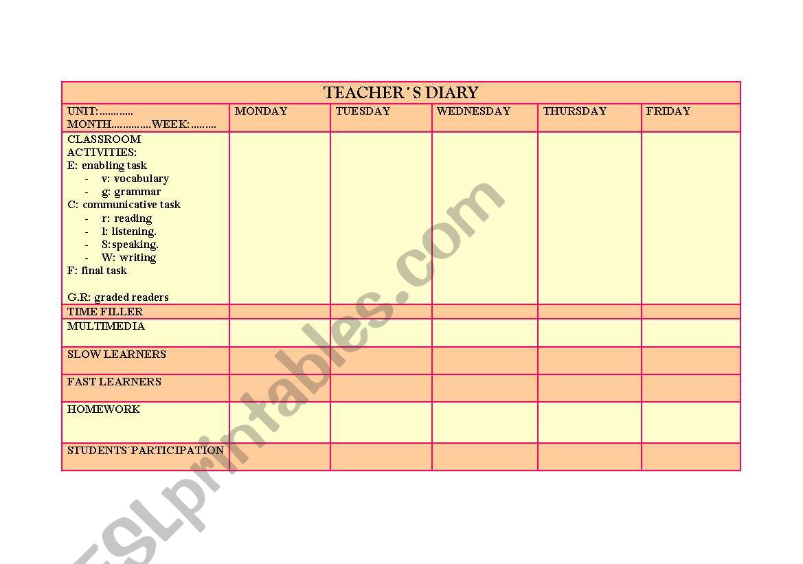 TEACHERS DIARY worksheet
