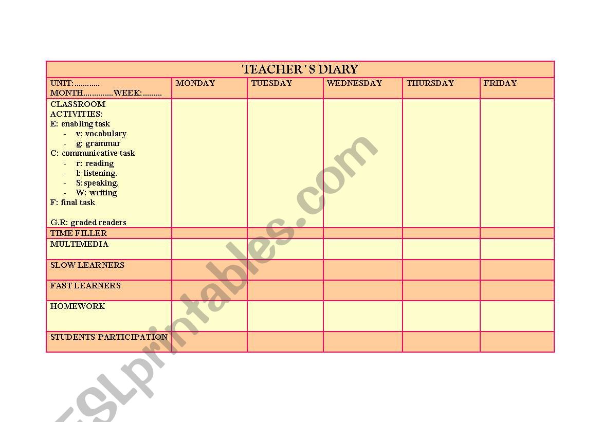 TEACHER´S DIARY ESL worksheet by delareva