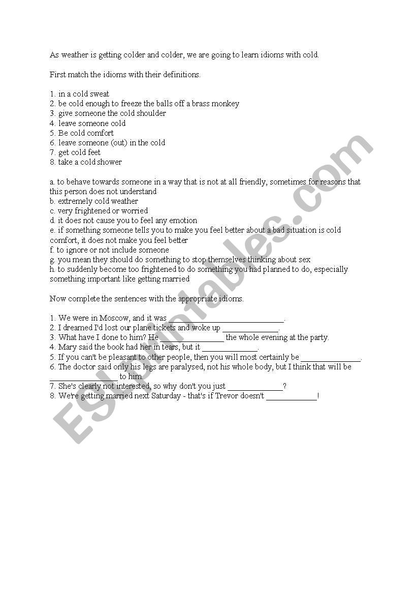 Idioms with cold worksheet