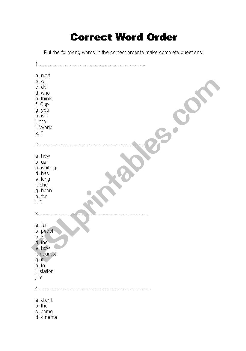 Correct word order worksheet