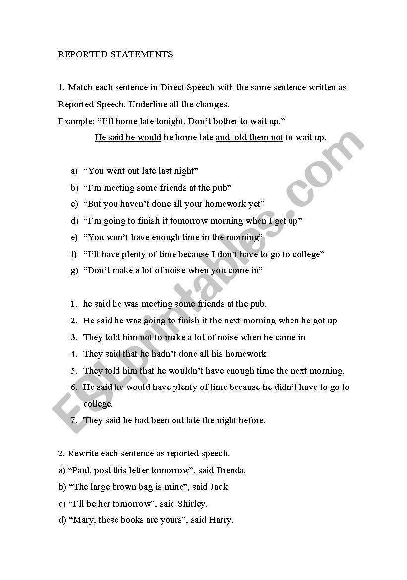 Reported Statements worksheet