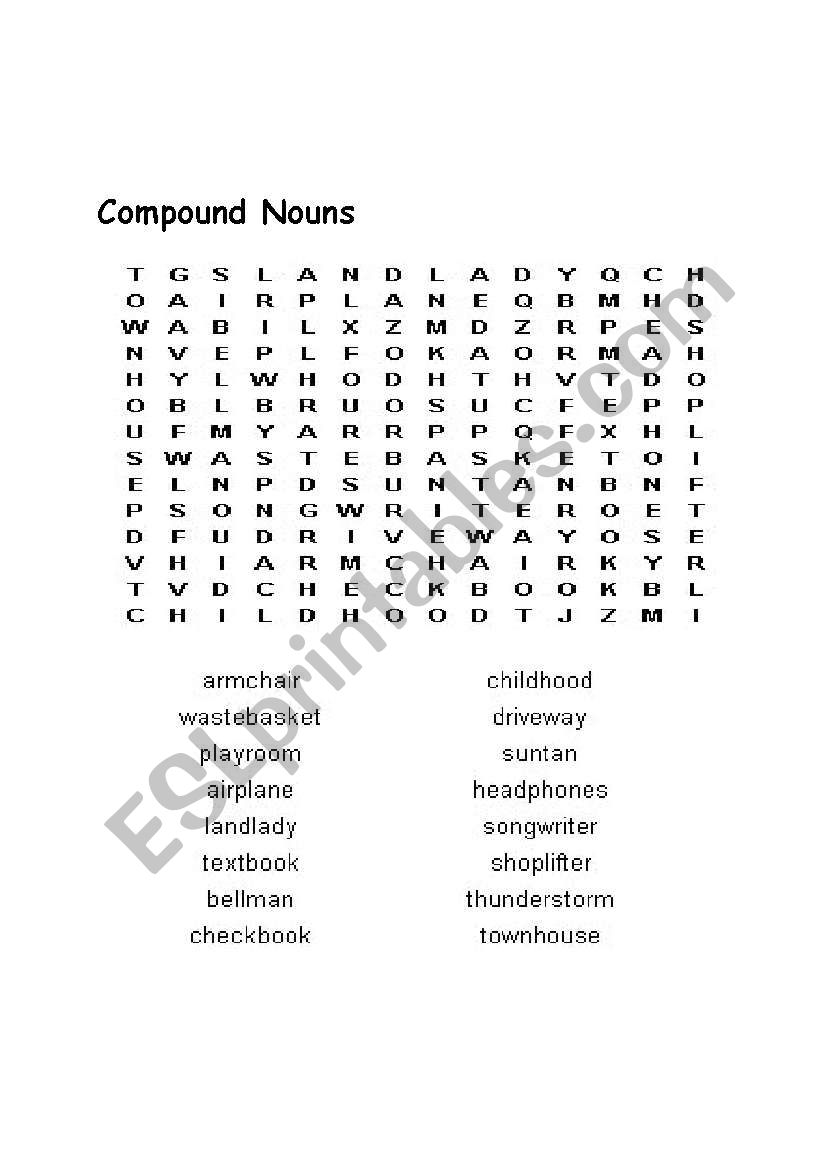 compound nouns wordsearch worksheet