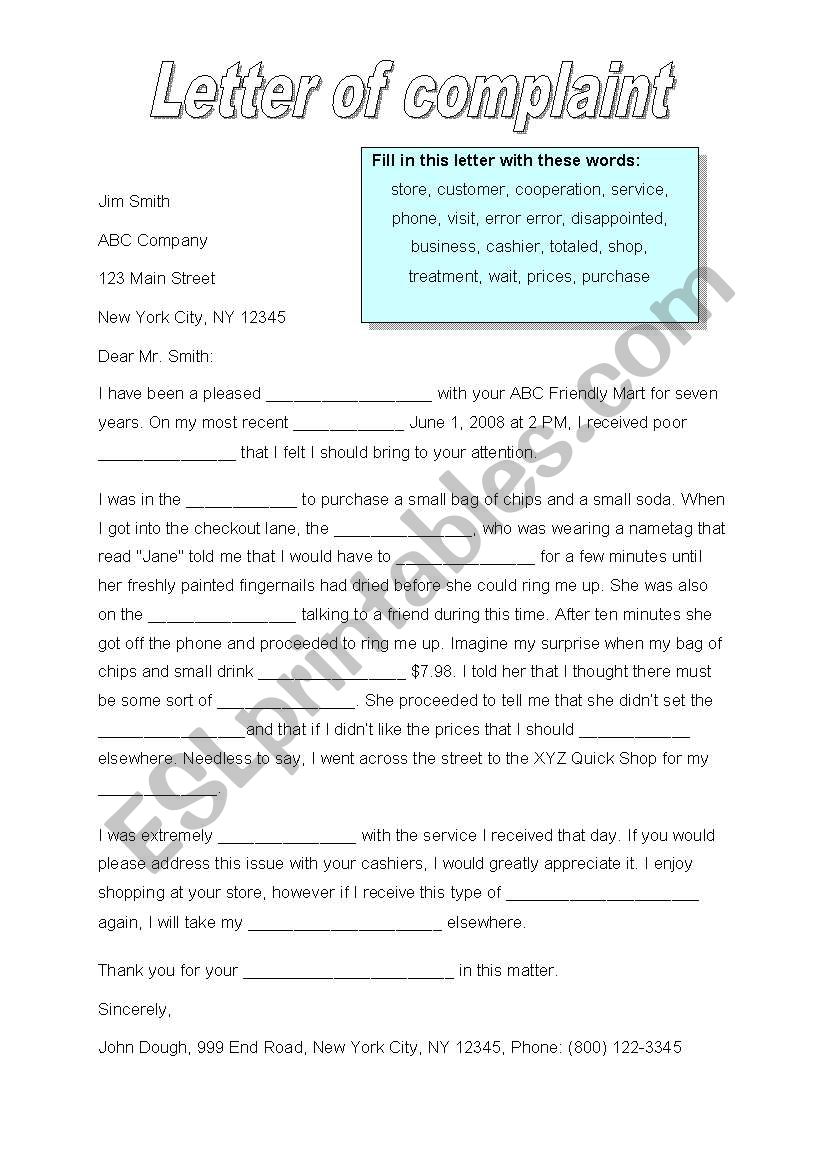 a letter of complaint worksheet