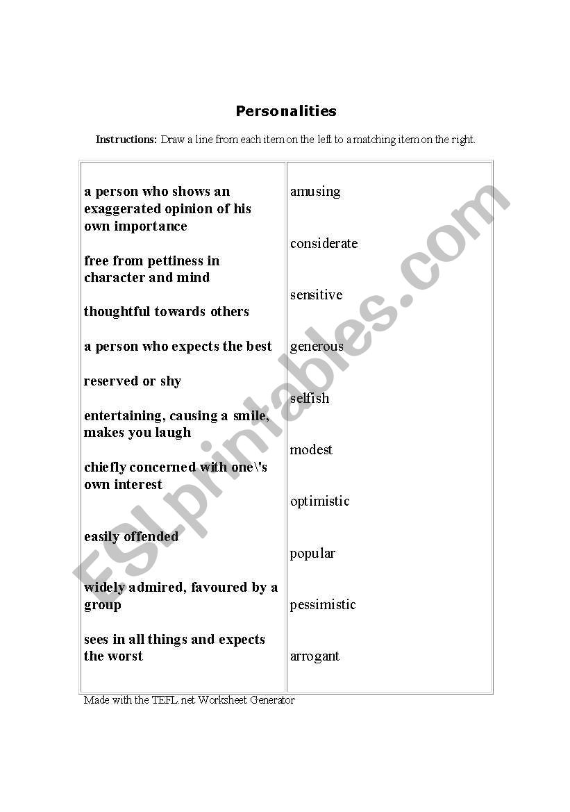 Personalities worksheet