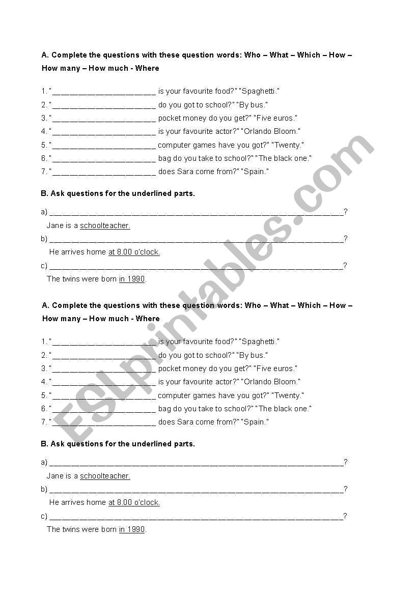 Question words worksheet