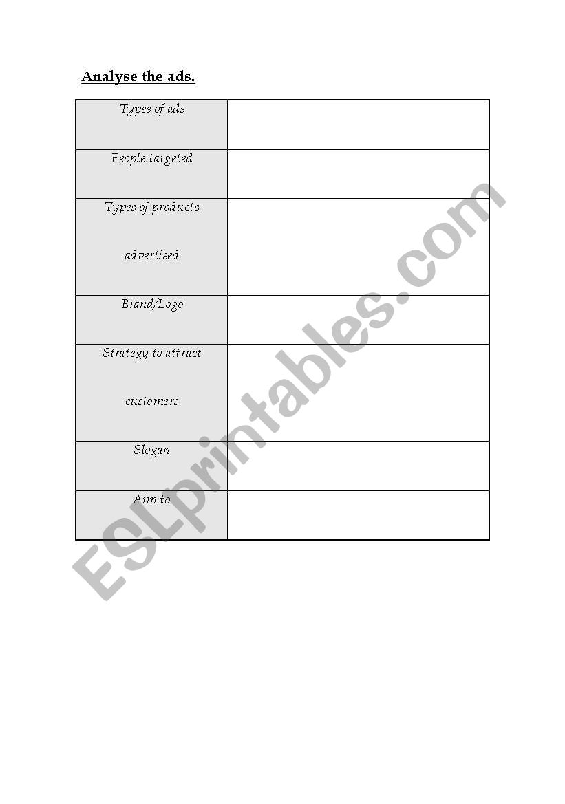 Analyse ads worksheet