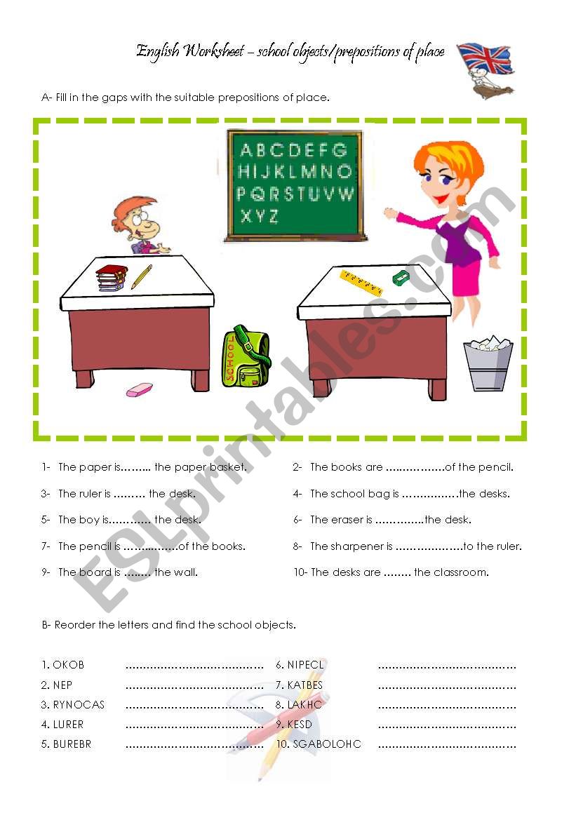 school objects and prepositions of place