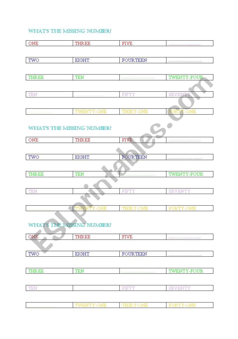 NUMBERS worksheet