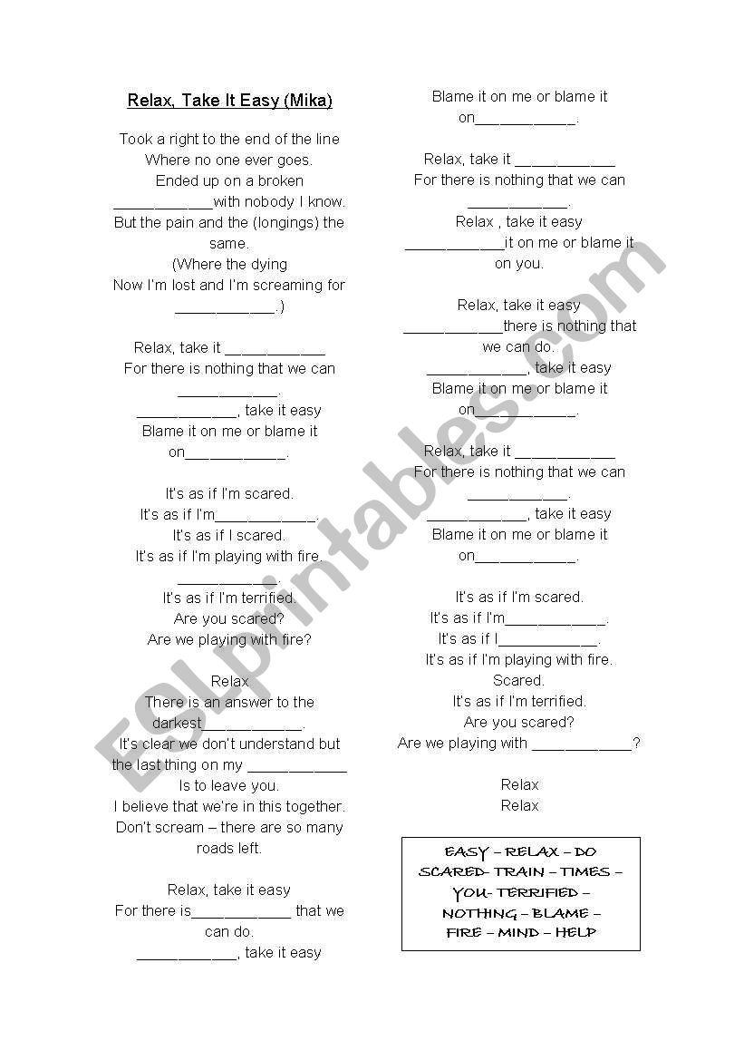 Relax, take it easy worksheet