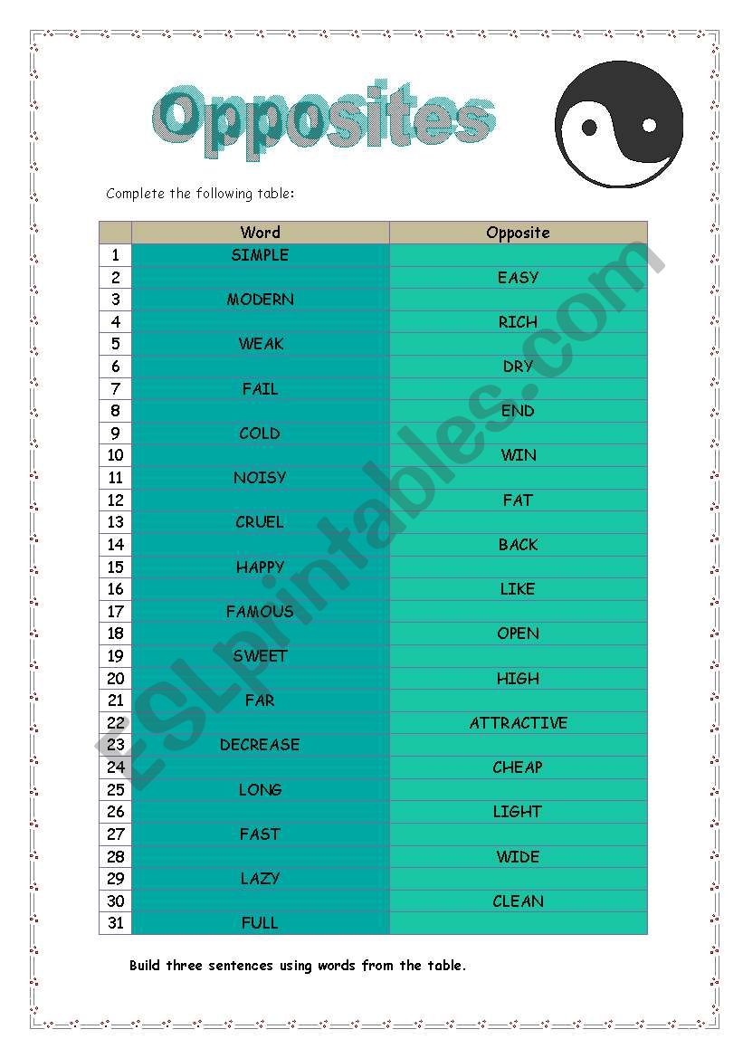 Opposites worksheet