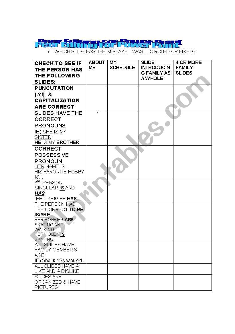 Family Power Point Peer Editing Chart Revised