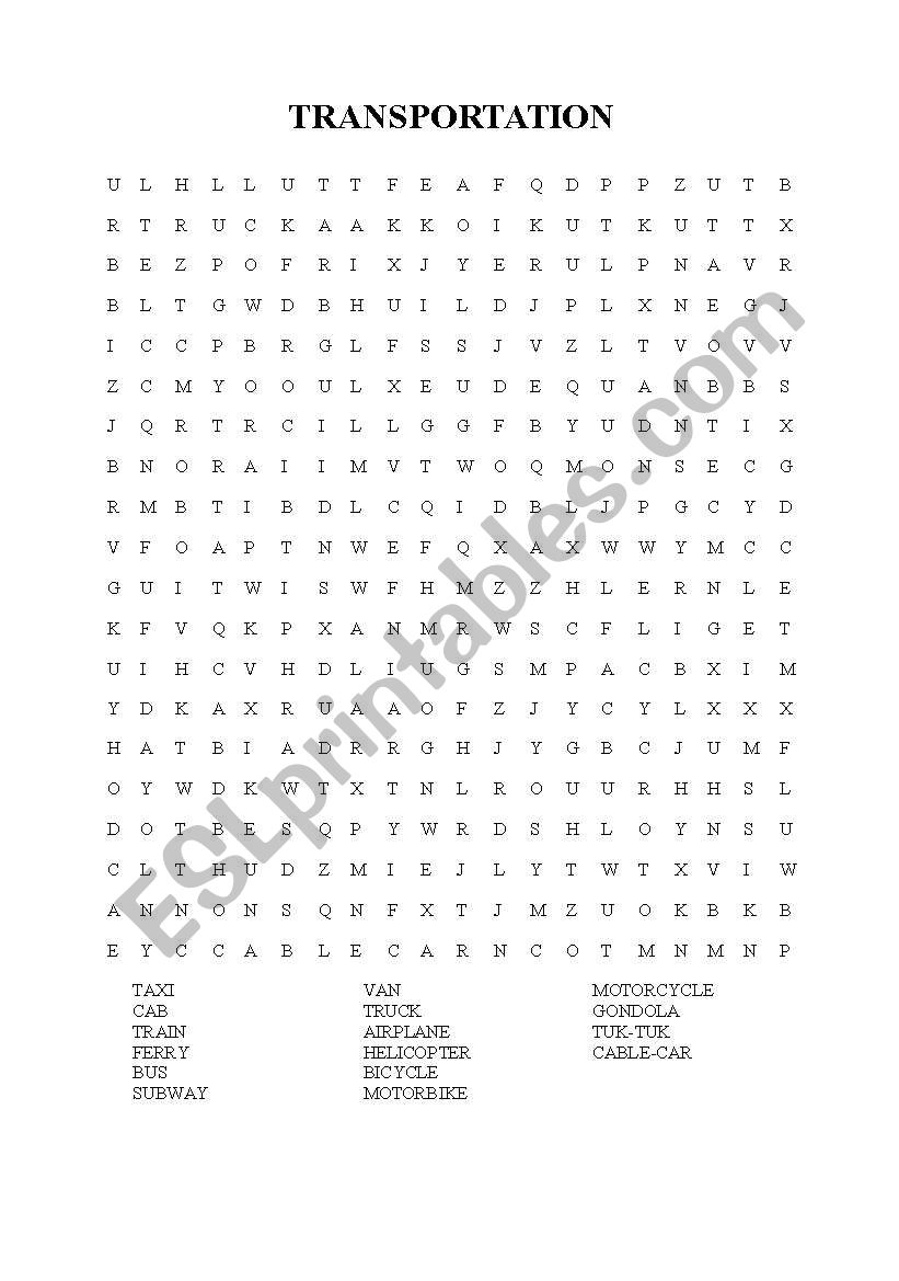 Transportation - Wordsearch worksheet