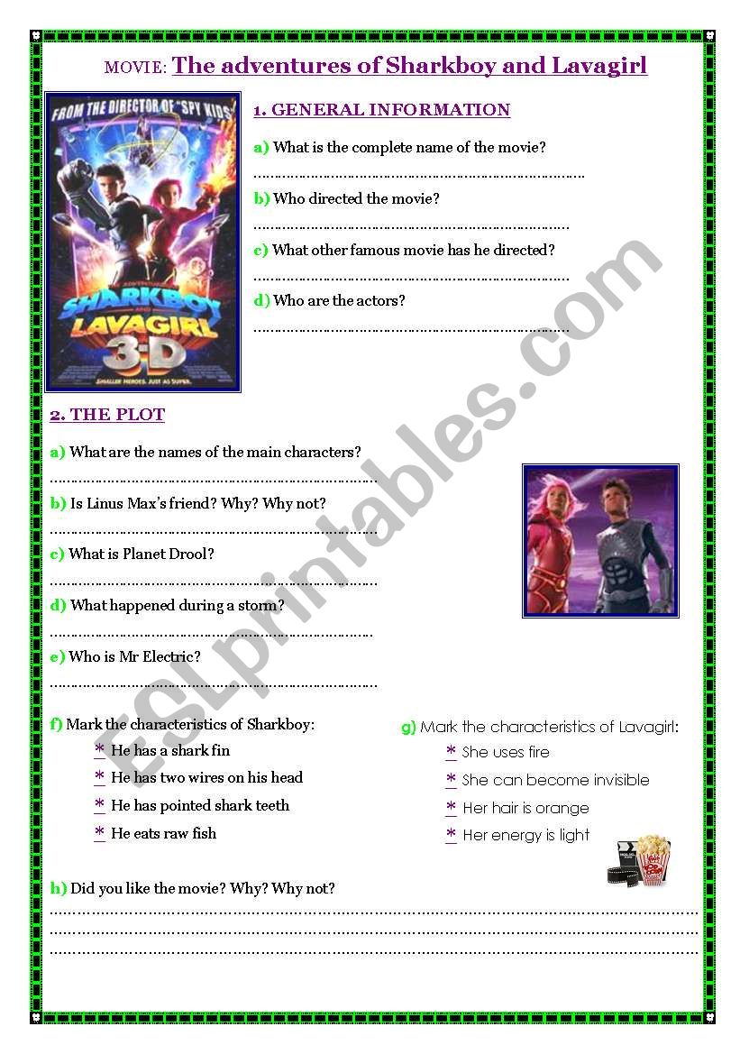 Movie Worksheet - The adventures of Sharkboy and Lavagirl