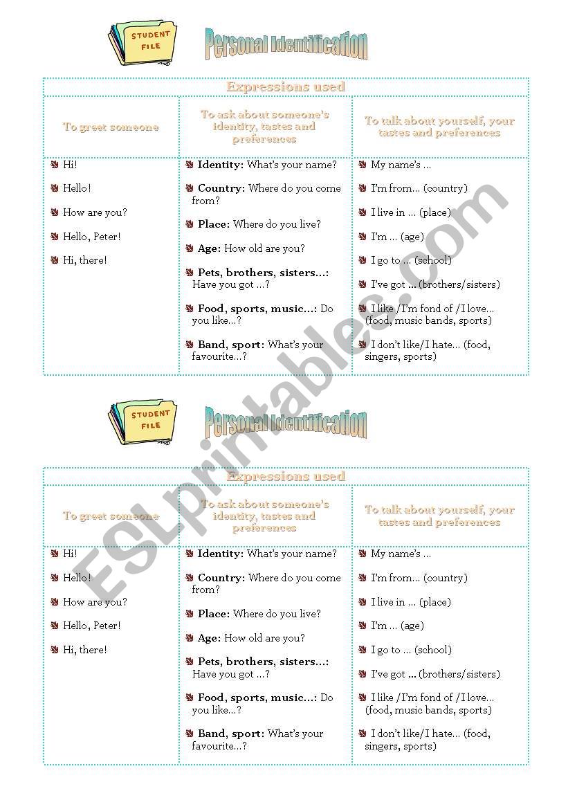 Personal Identification Chart worksheet