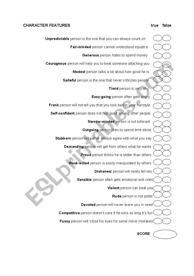 character features worksheet