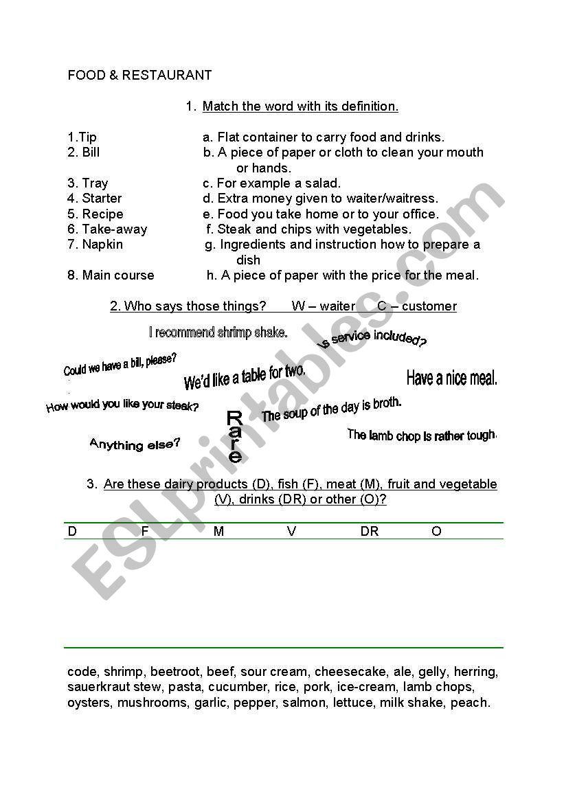 FOOD & RESTAURANT worksheet