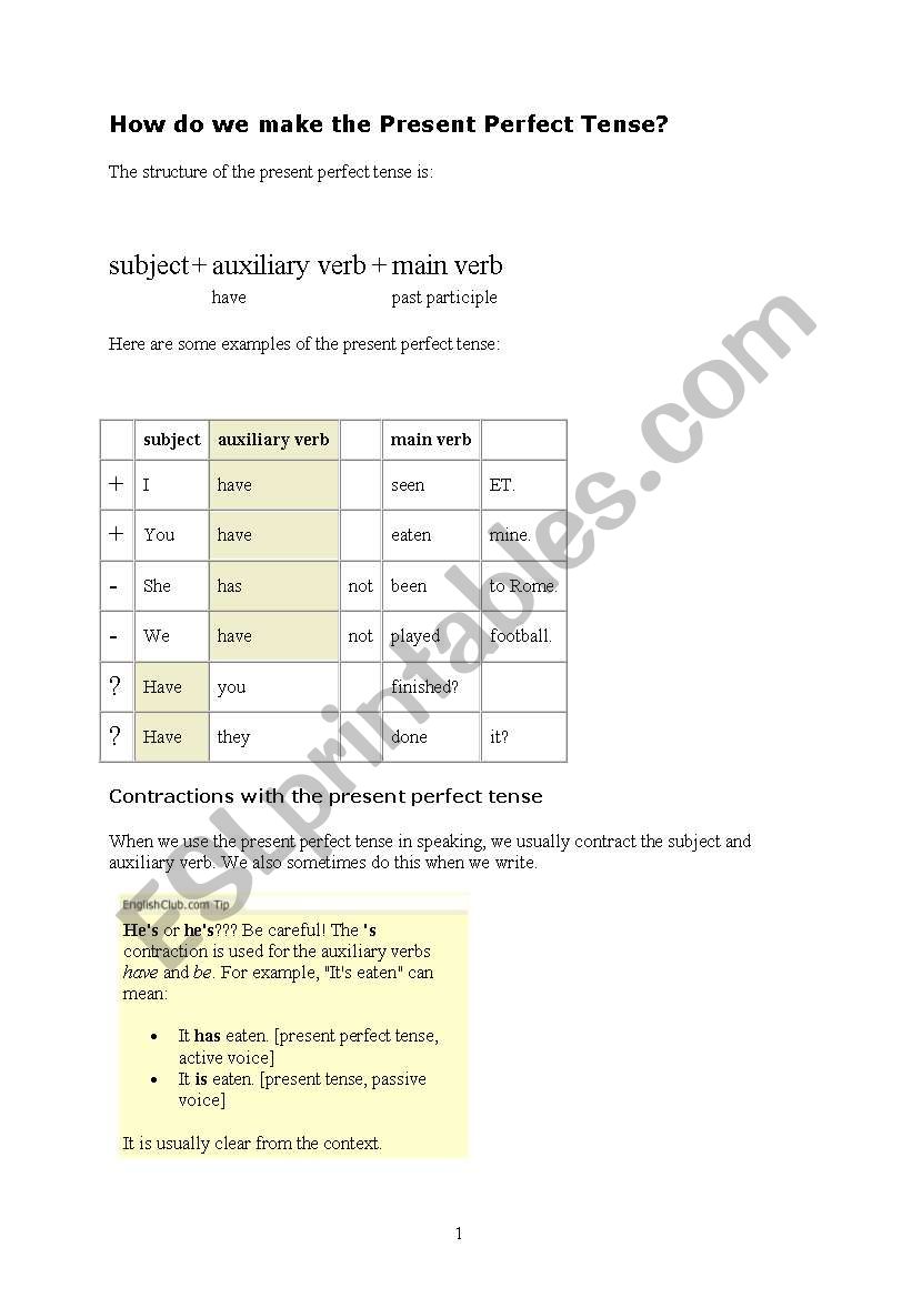 PRESENT PERFECT TENSE worksheet