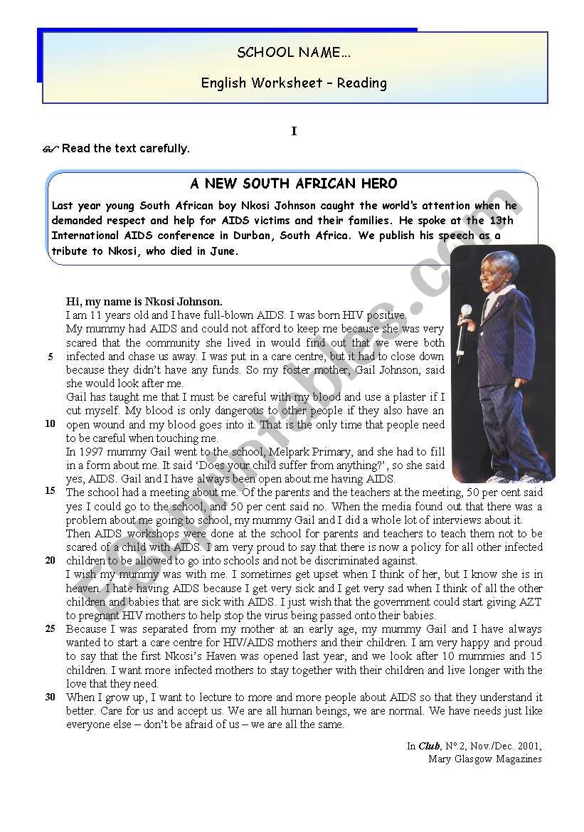 A New South African Hero worksheet