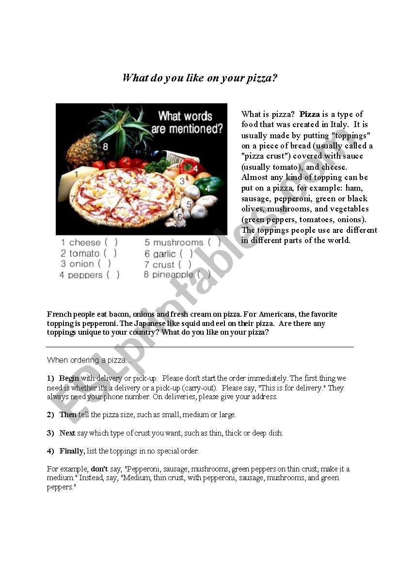 Ordering Pizza by Telephone worksheet