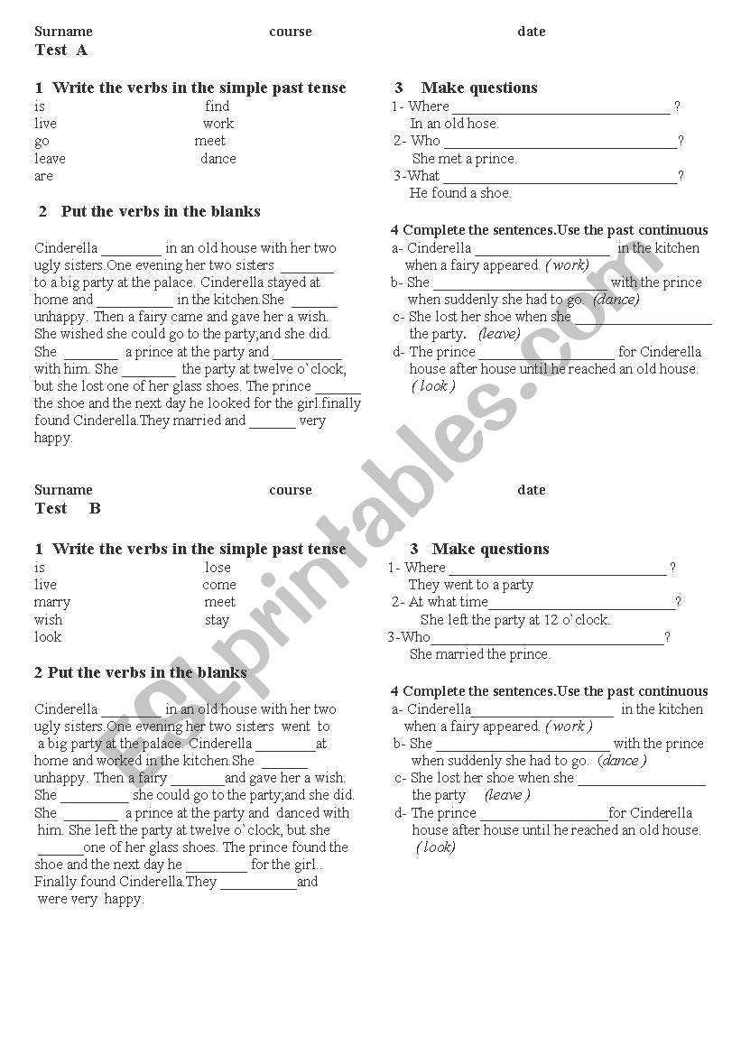 simple past test worksheet