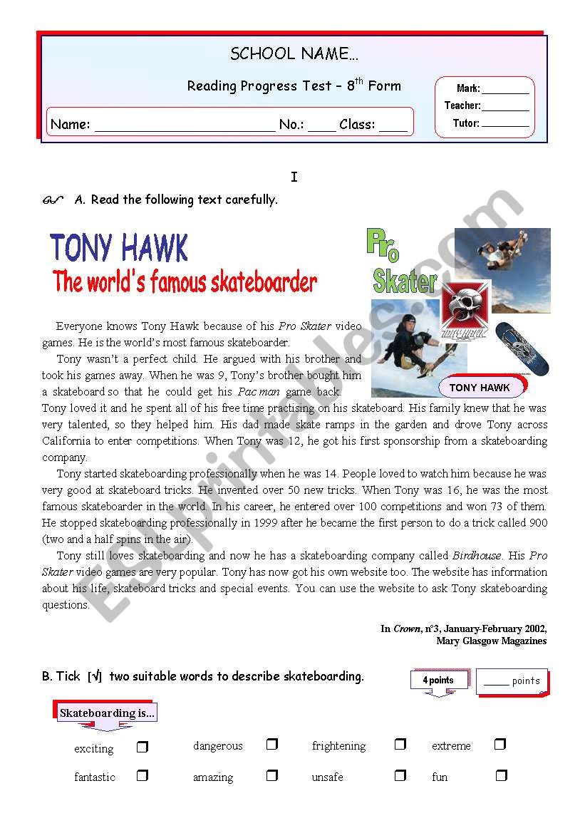 Tony Hawk worksheet