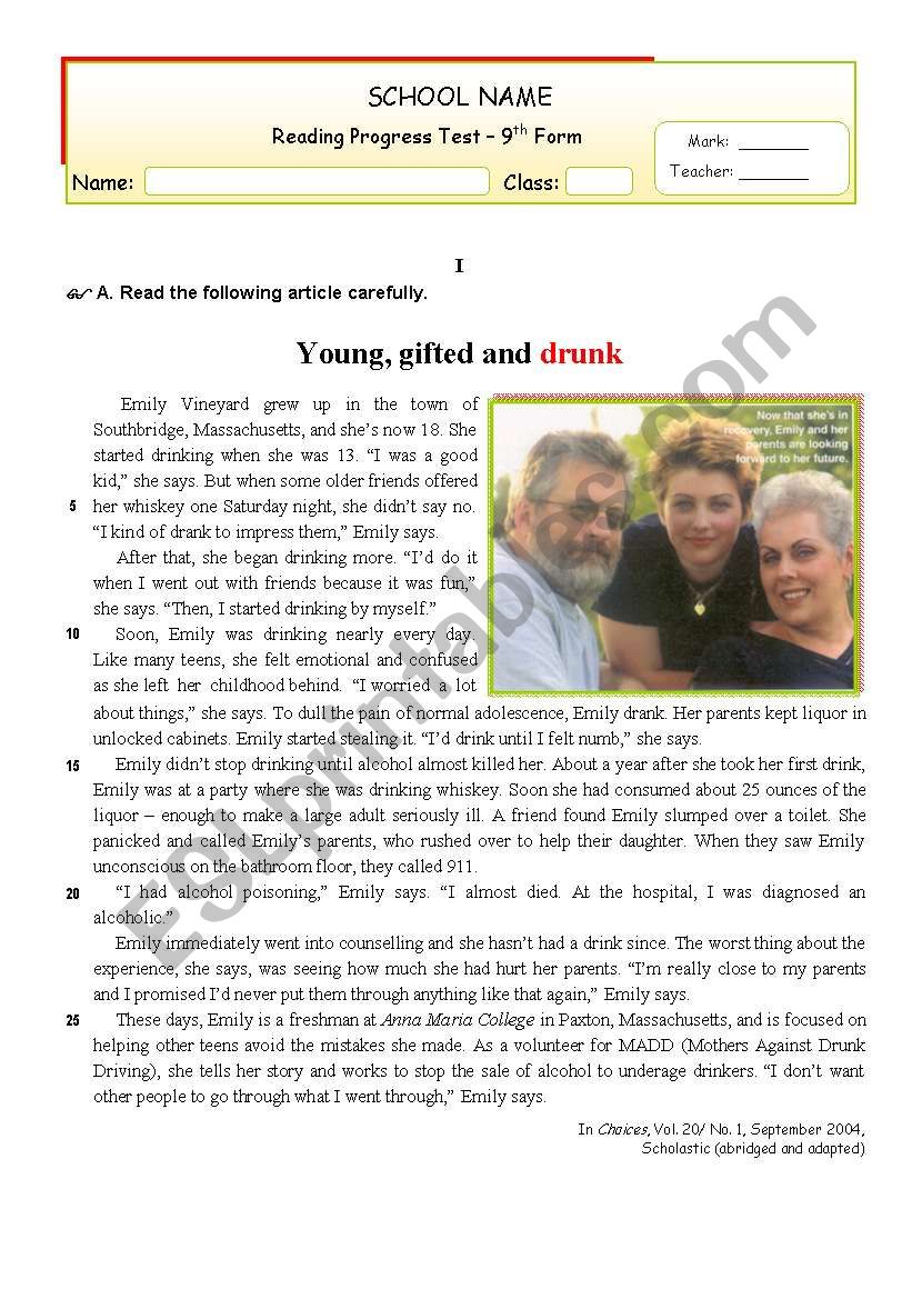 Young, gifted and drunk worksheet